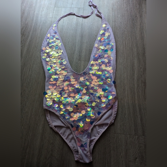 Petit Lilac Pretty Little Thing Sequin Plunge Swimsuit US 8 - Picture 2 of 4